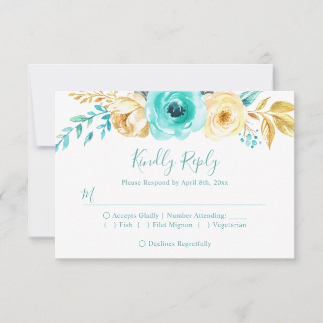 Trendy Turquoise Gold Floral Wedding RSVP Reply Card (Front)