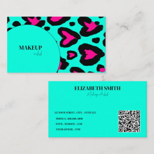 trendy turquoise hot pink Makeup Artist QR Code Business Card