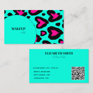 trendy turquoise hot pink Makeup Artist QR Code Business Card