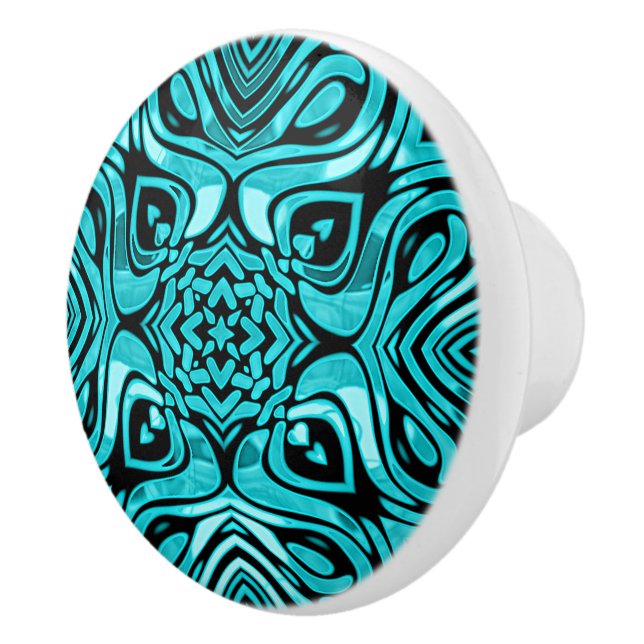Trendy Turquoise Teal Blue Hip Bohemian Bali Art Ceramic Knob (Right)