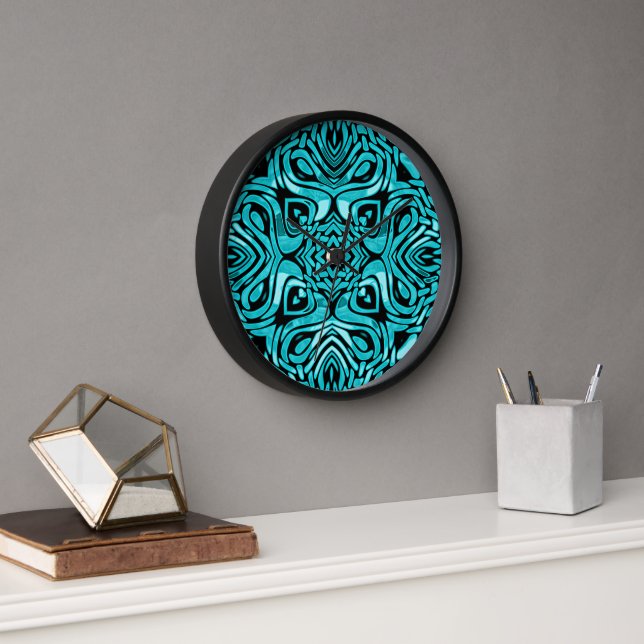Trendy Turquoise Teal Blue Hip Bohemian Bali Art Clock (Office)