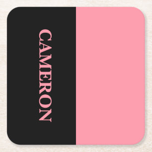 Trendy Two Colours Name Black and Salmon Pink Square Paper Coaster