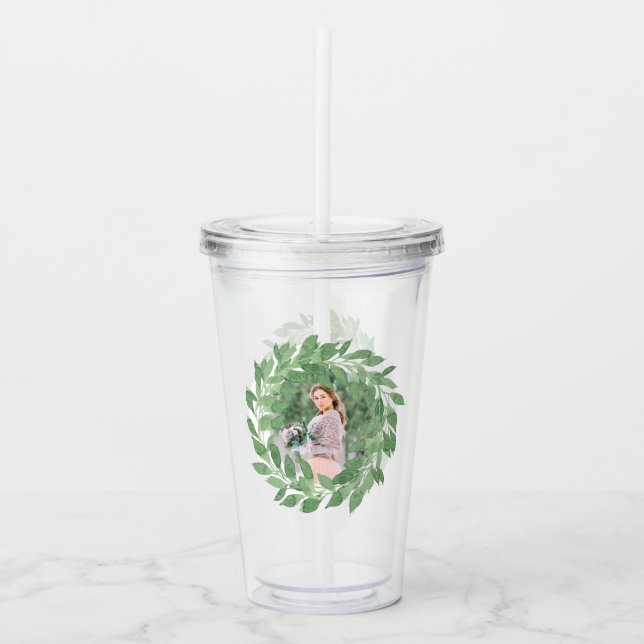 Trendy Two Photo Watercolor Greenery Wreath Acrylic Tumbler (Front)