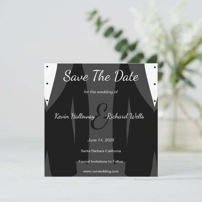Trendy Two Tuxedos Gay Wedding Save The Date (Standing Front)