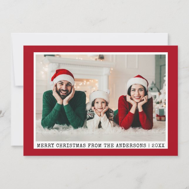 Trendy Typewriter Font Christmas Photo Red Holiday Card (Front)