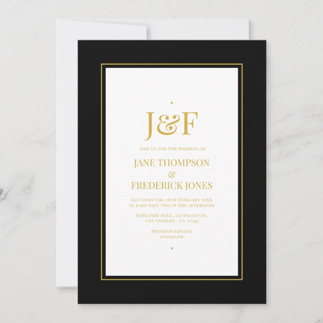 Trendy Typography Black and Gold Wedding Invitation (Front)