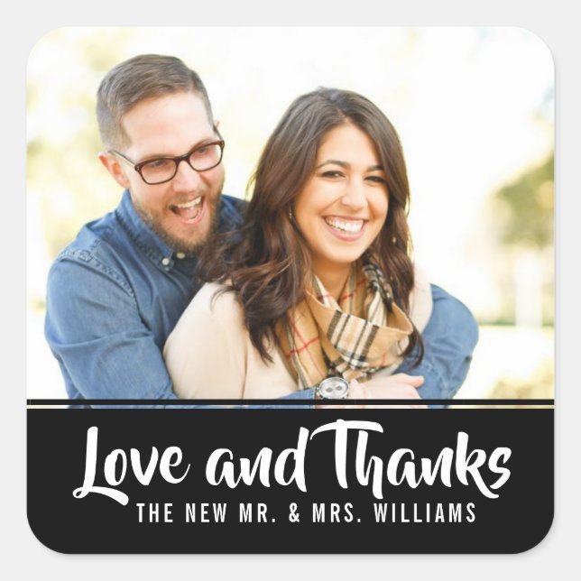 Trendy Typography | Custom Photo Wedding Thank You Square Sticker (Front)