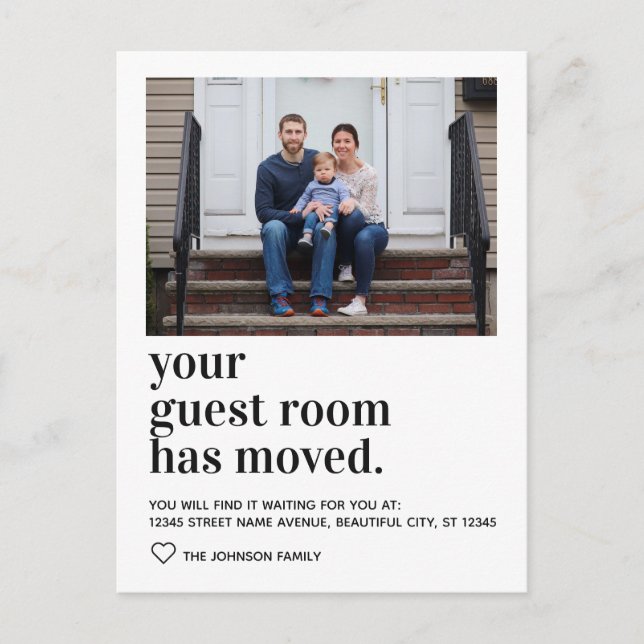 Trendy Typography Guest Room Moved Photo Moving Announcement Postcard (Front)