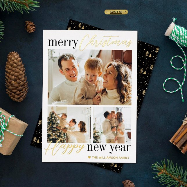 Trendy Typography Merry Christmas 3 Photo Real Foil Holiday Card (Creator Uploaded)