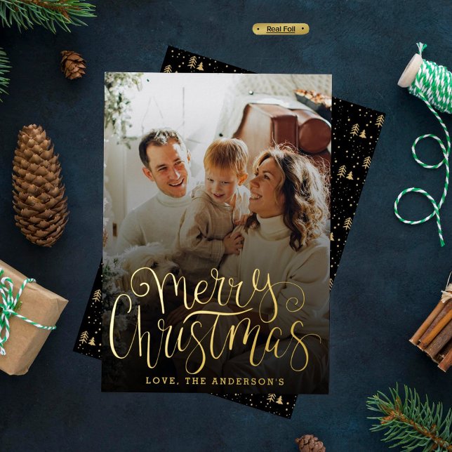 Trendy Typography Merry Christmas Photo Real Foil Holiday Card (Creator Uploaded)