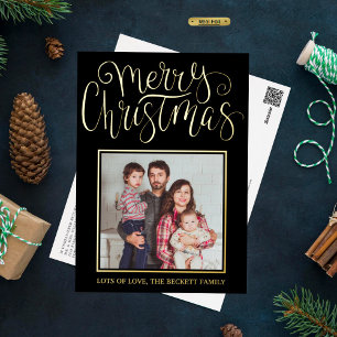 Trendy Typography "Merry Christmas" Photo Real Foil Holiday Postcard