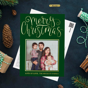 Trendy Typography "Merry Christmas" Photo Real Foil Holiday Postcard
