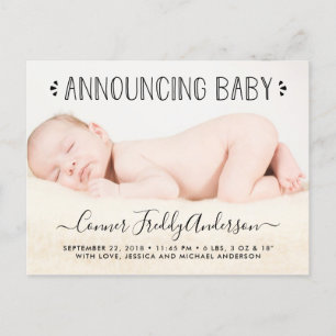 Trendy Typography Photo Birth Announcement Postcard