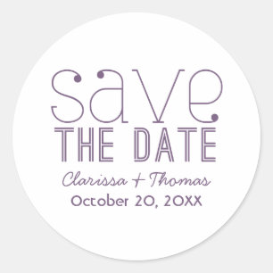 Trendy Typography Save the Date Stickers, Purple Classic Round Sticker
