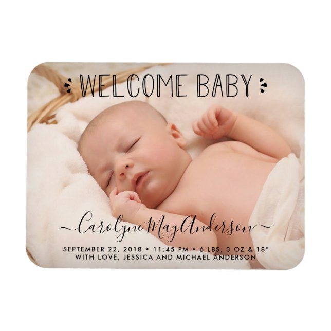 Trendy Typography "Welcome Baby" Photo Announcemen Magnet (Horizontal)