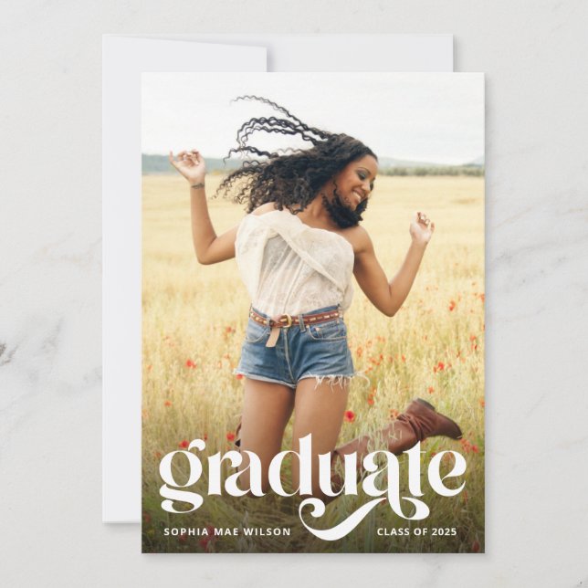 Trendy Typography White Overlay Photo Grad Party Invitation (Front)