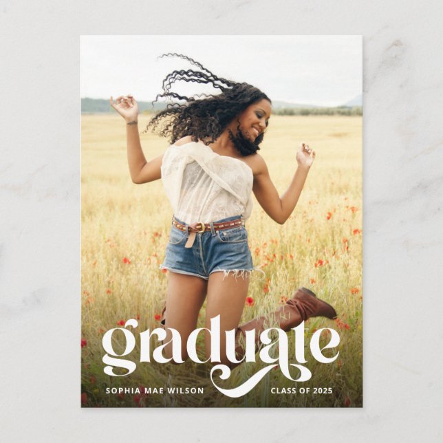 Trendy Typography White Overlay Photo Graduate Postcard (Front)