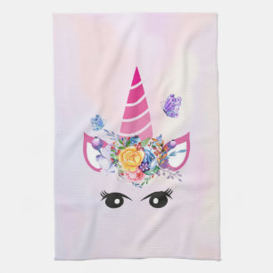 Trendy Unicorn with Floral Crown & Butterflies Kitchen Towel