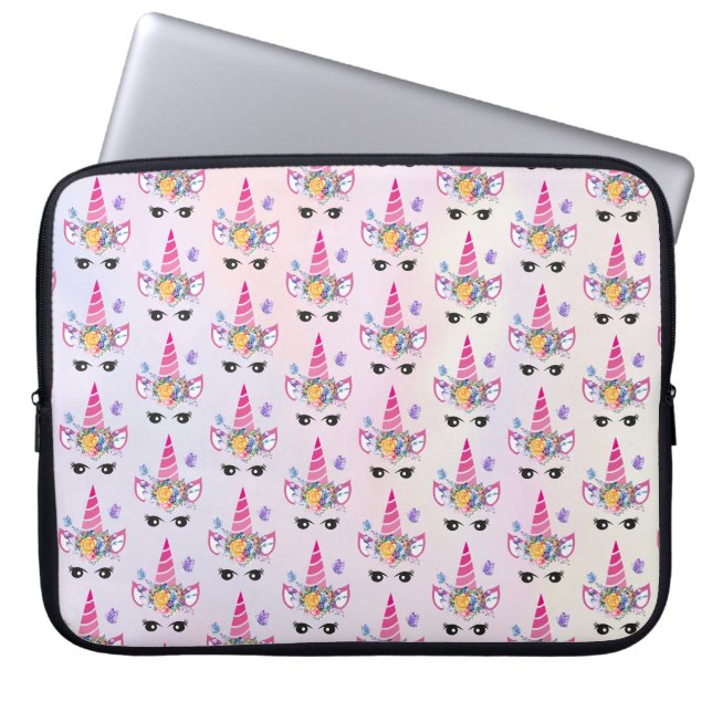 Trendy Unicorn with Floral Crown & Butterflies Laptop Sleeve (Front)