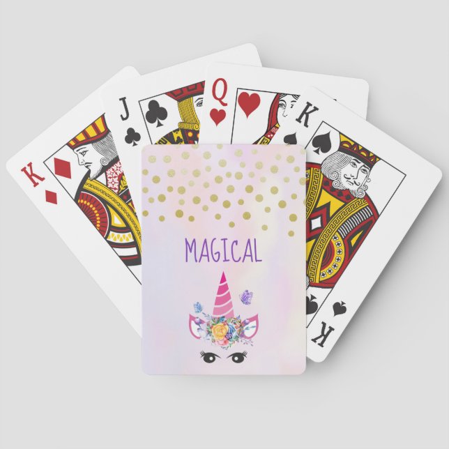 Trendy Unicorn with Floral Crown & Butterflies Playing Cards (Back)