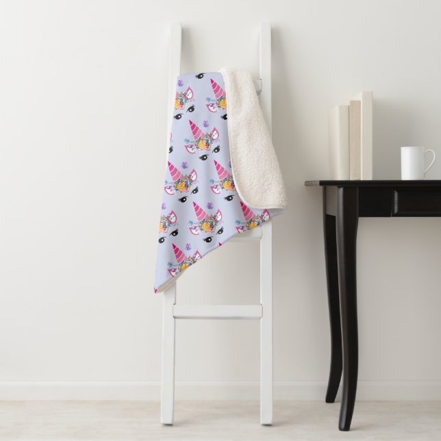 Trendy Unicorn with Floral Crown & Butterflies Sherpa Blanket (In Situ)