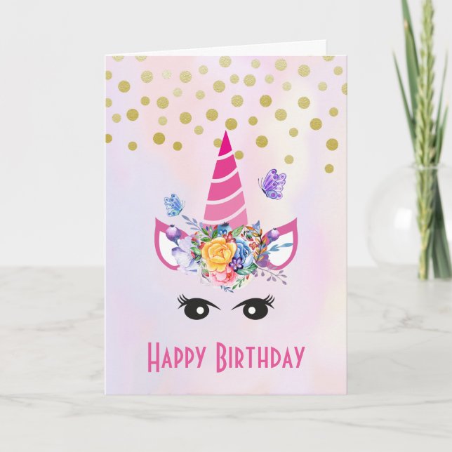 Trendy Unicorn with Flowers Butterflies & Confetti Card (Front)