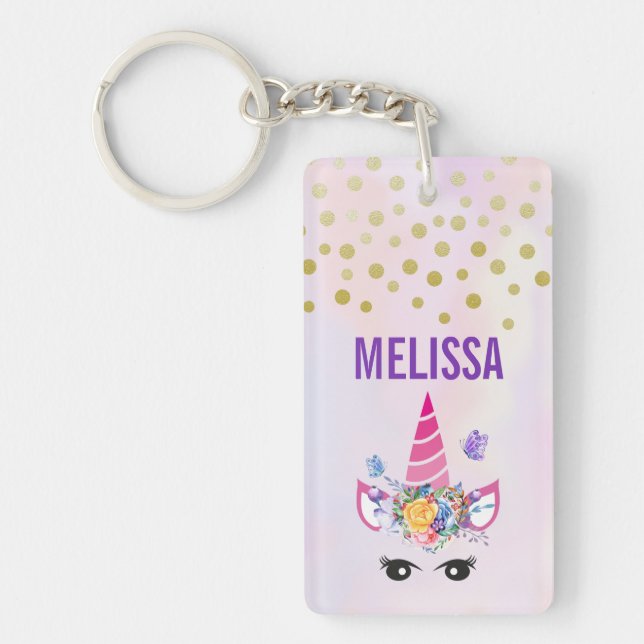Trendy Unicorn with Flowers Butterflies & Confetti Keychain (Front)