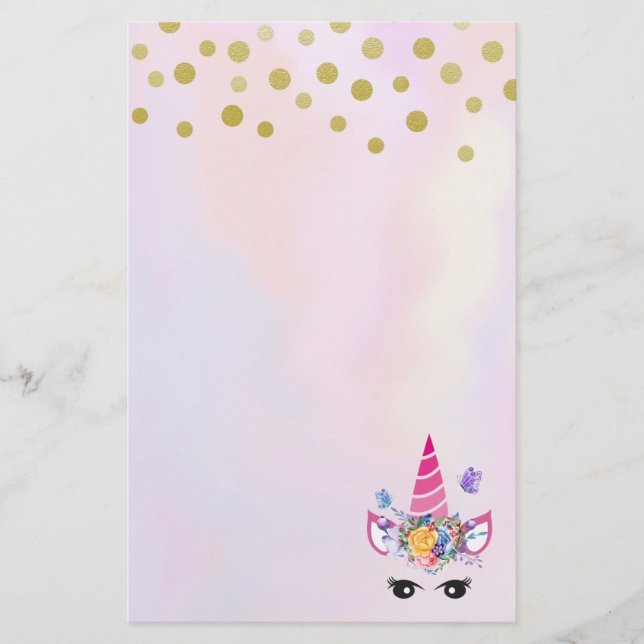 Trendy Unicorn with Flowers Butterflies & Confetti Stationery (Front)