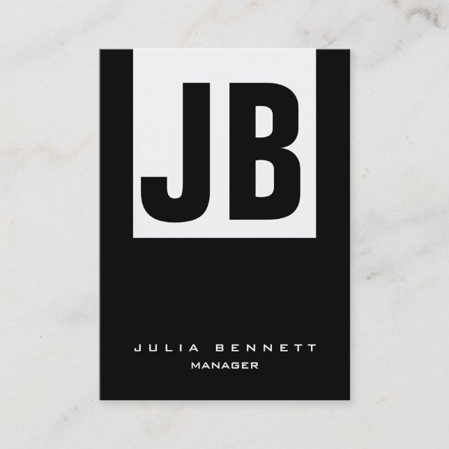 Trendy unique black white vertical huge monogram business card (Front)