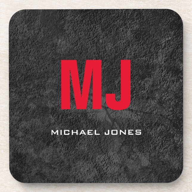 Trendy unique gray red monogram your name coaster (Front)