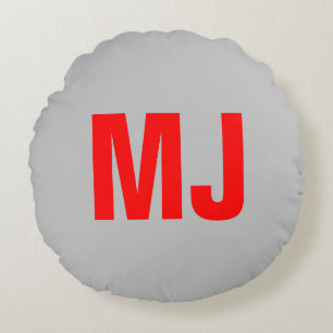 Trendy unique grey red bold monogram name initials round pillow