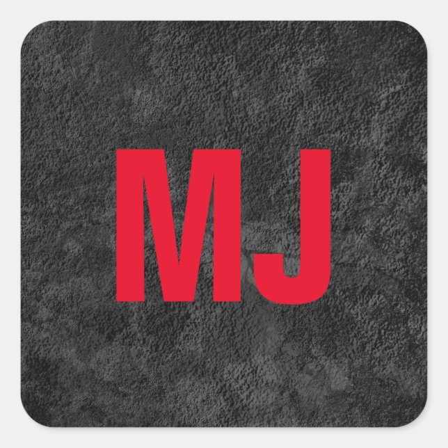 Trendy unique grey red monogram name initials square sticker (Front)