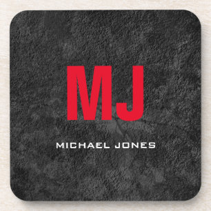 Trendy unique grey red monogram your name coaster