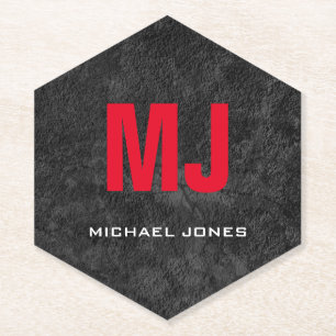 Trendy unique grey red monogram your name paper coaster