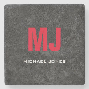 Trendy unique grey red monogram your name stone coaster