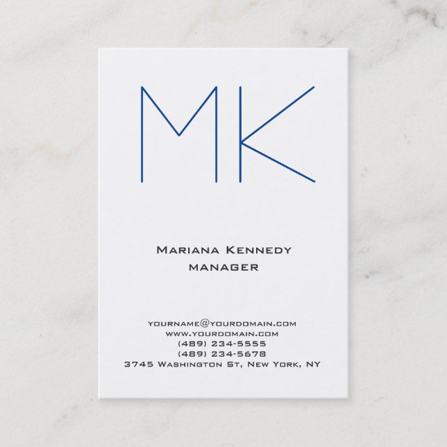 Trendy unique plain simple white blue monogram business card (Front)