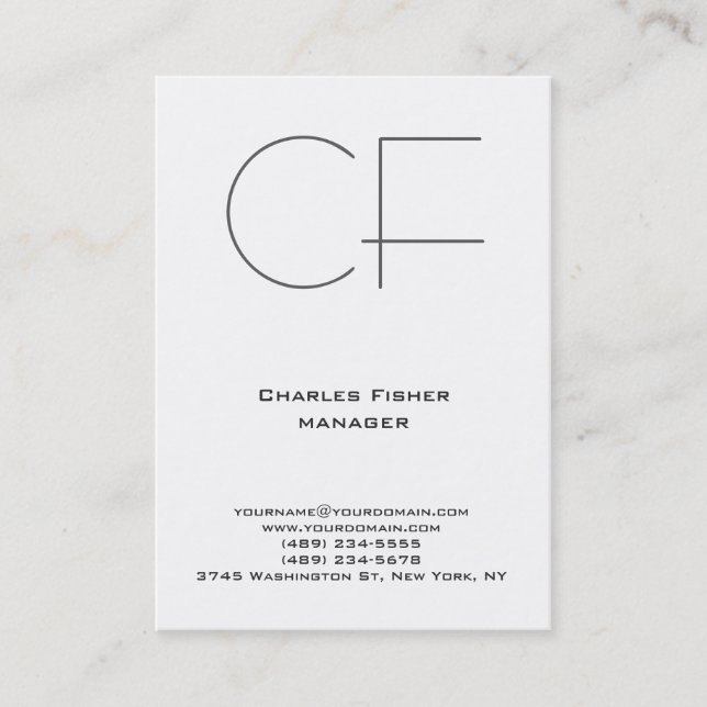 Trendy unique plain simple white monogram business card (Front)