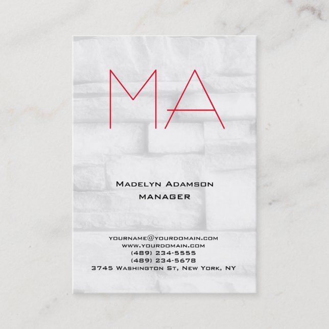 Trendy unique professional grey wall red monogram business card (Front)