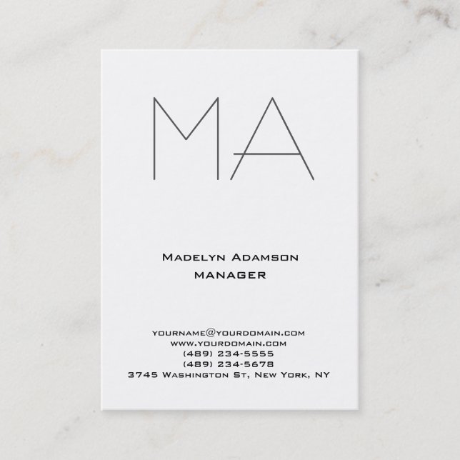 Trendy unique white professional grey monogram business card (Front)