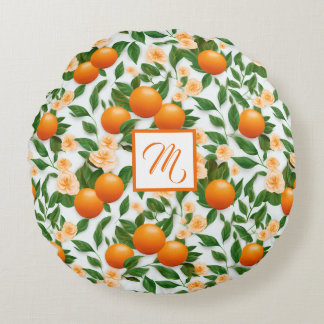 Trendy Valencia Orange Monogrammed  Round Pillow
