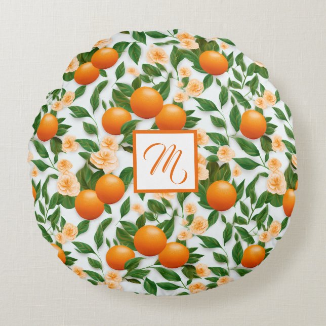 Trendy Valencia Orange Monogrammed  Round Pillow (Front)