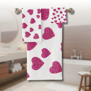 Trendy Valentine Pink Glitter Hearts on White Bath Towel Set