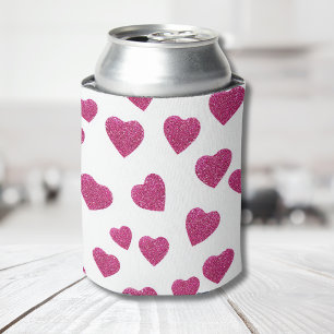 Trendy Valentine Pink Glitter Hearts on White Can Cooler