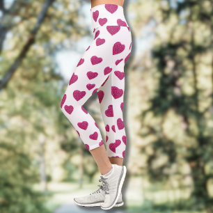 Trendy Valentine Pink Glitter Hearts on White Capri Leggings