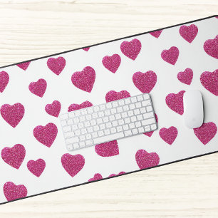 Trendy Valentine Pink Glitter Hearts on White Desk Mat
