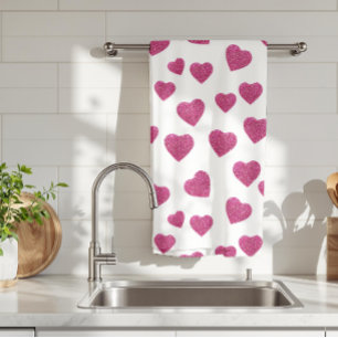 Trendy Valentine Pink Glitter Hearts on White Kitchen Towel