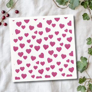 Trendy Valentine Pink Glitter Hearts on White Napkin