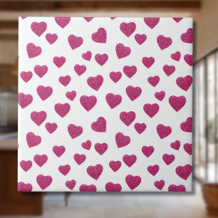 Trendy Valentine Pink Glitter Hearts on White Tile
