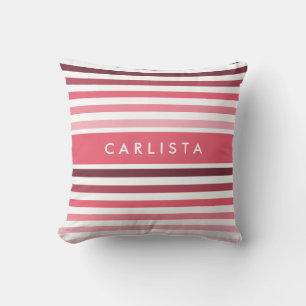 Trendy Variegated Stripes With Name in Coral Pink Throw Pillow
