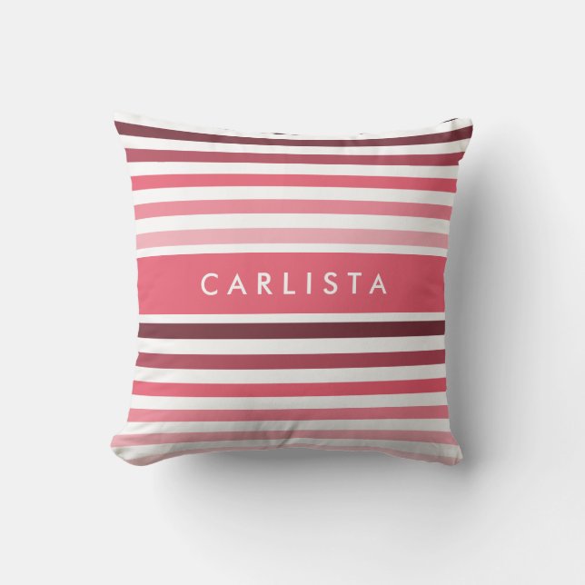 Trendy Variegated Stripes With Name in Coral Pink Throw Pillow (Front)